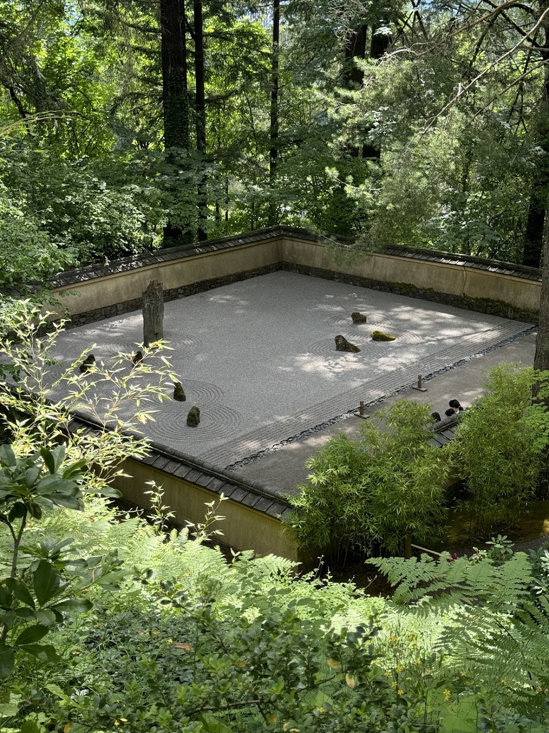 Overhead view of a zen rock garden enclosed by lush green trees